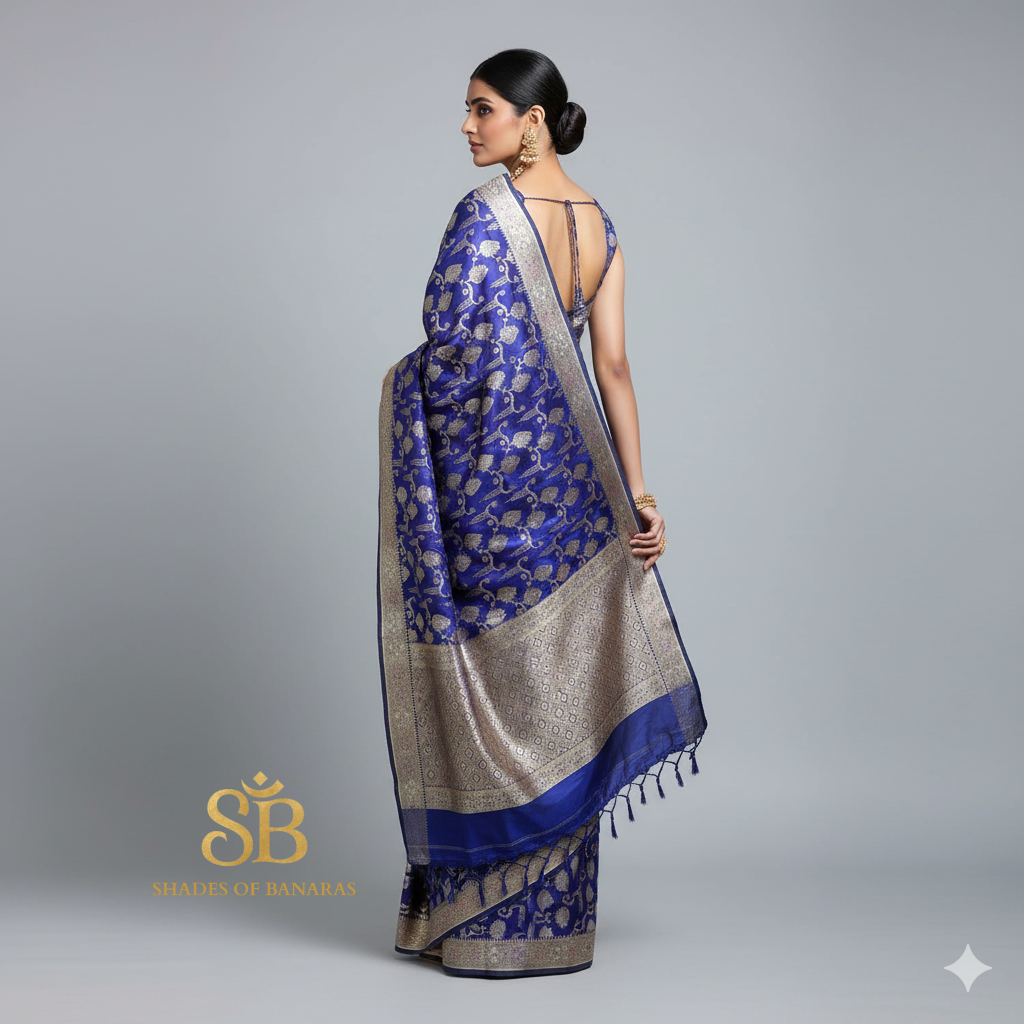 Regal Radiance — Royal Blue Pure Silk Banarasi Saree with Matt Gold Jaal Weave by Shades Of Banaras - banarasi - banarasi saree shop - banarasi saree manufacturers - banarasi saree wholesale - banaraasi sarees