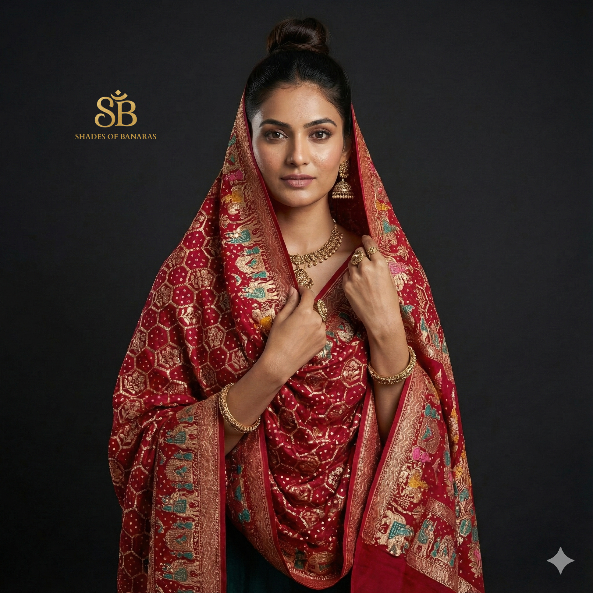 The Scarlet Heritage: Red Khaddi Georgette Bandhani Dupatta by Shades Of Banaras - banarasi - banarasi saree shop - banarasi saree manufacturers - banarasi saree wholesale - banaraasi sarees