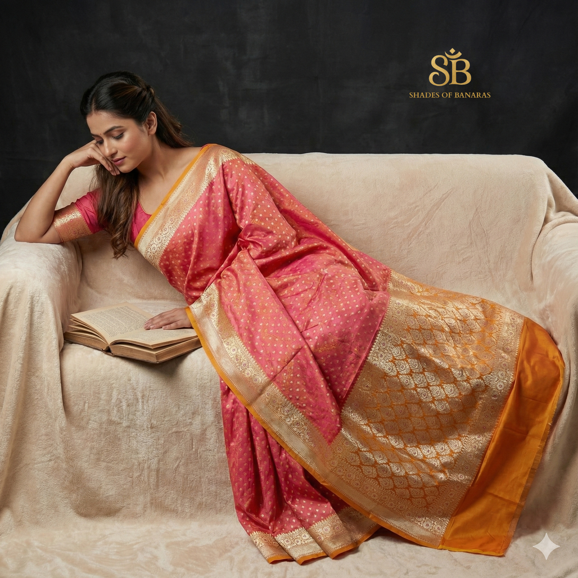 Gulnaar Sunset Couture — Luxe Silk Banarasi Saree by Shades Of Banaras - banarasi - banarasi saree shop - banarasi saree manufacturers - banarasi saree wholesale - banaraasi sarees