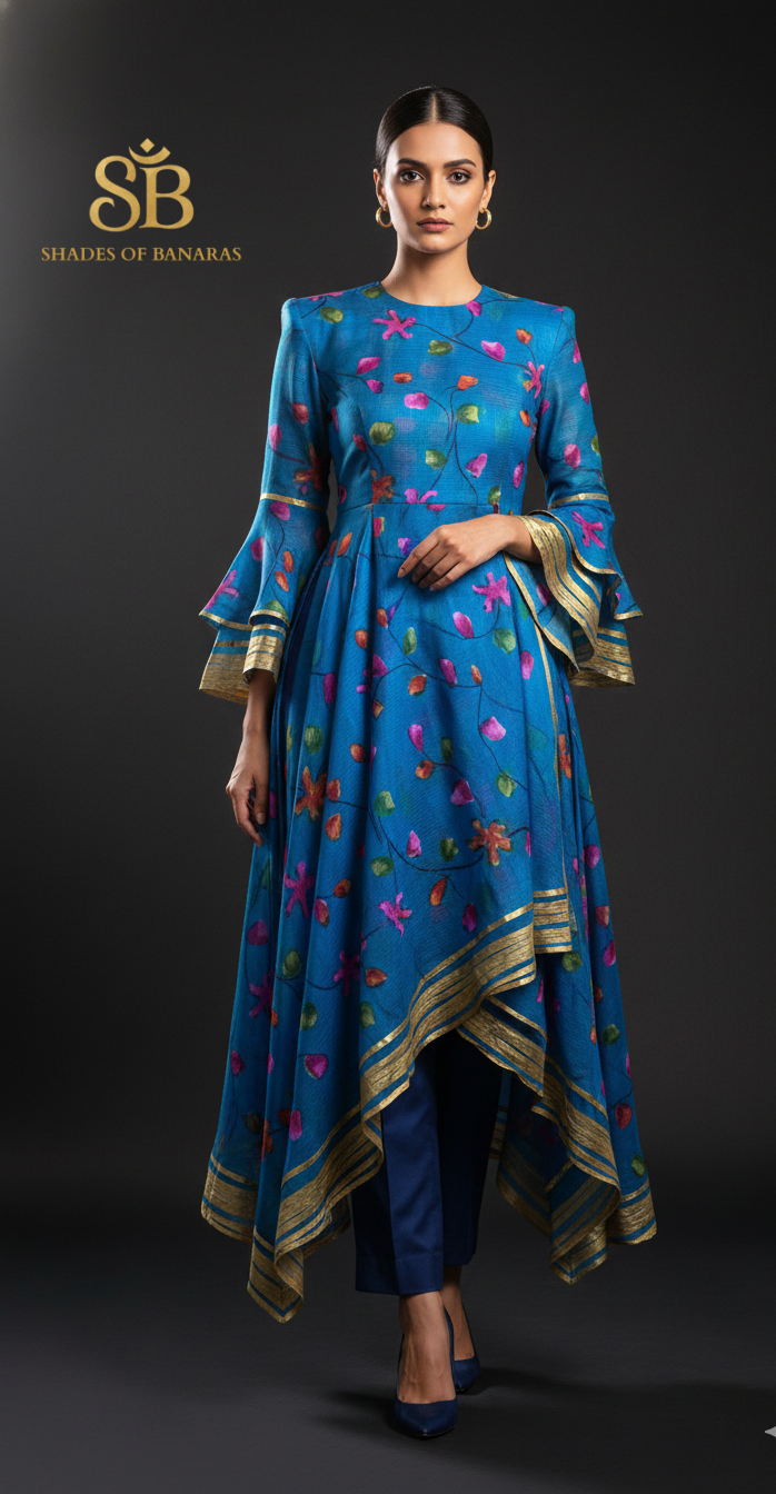 Ethereal Azure: Hand-Printed Pure Kora Organza Silk Couture (By Meter) by Shades Of Banaras - banarasi - banarasi saree shop - banarasi saree manufacturers - banarasi saree wholesale - banaraasi sarees - banarasi sari - banarasi saris