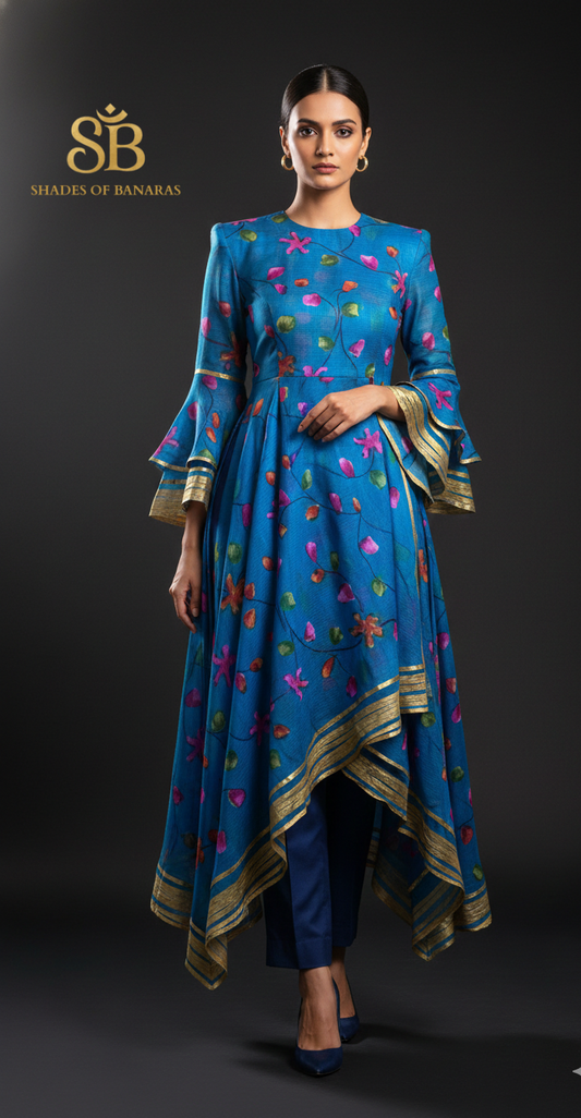 Ethereal Azure: Hand-Printed Pure Kora Organza Silk Couture (By Meter) by Shades Of Banaras - banarasi - banarasi saree shop - banarasi saree manufacturers - banarasi saree wholesale - banaraasi sarees - banarasi sari - banarasi saris