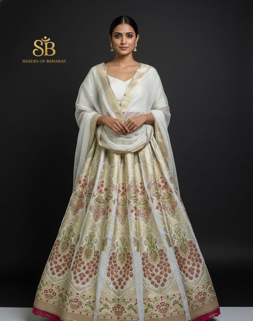 Celestial Ivory Luxe Couture — White Banarasi Silk Lehenga by Shades Of Banaras - banarasi - banarasi saree shop - banarasi saree manufacturers - banarasi saree wholesale - banaraasi sarees