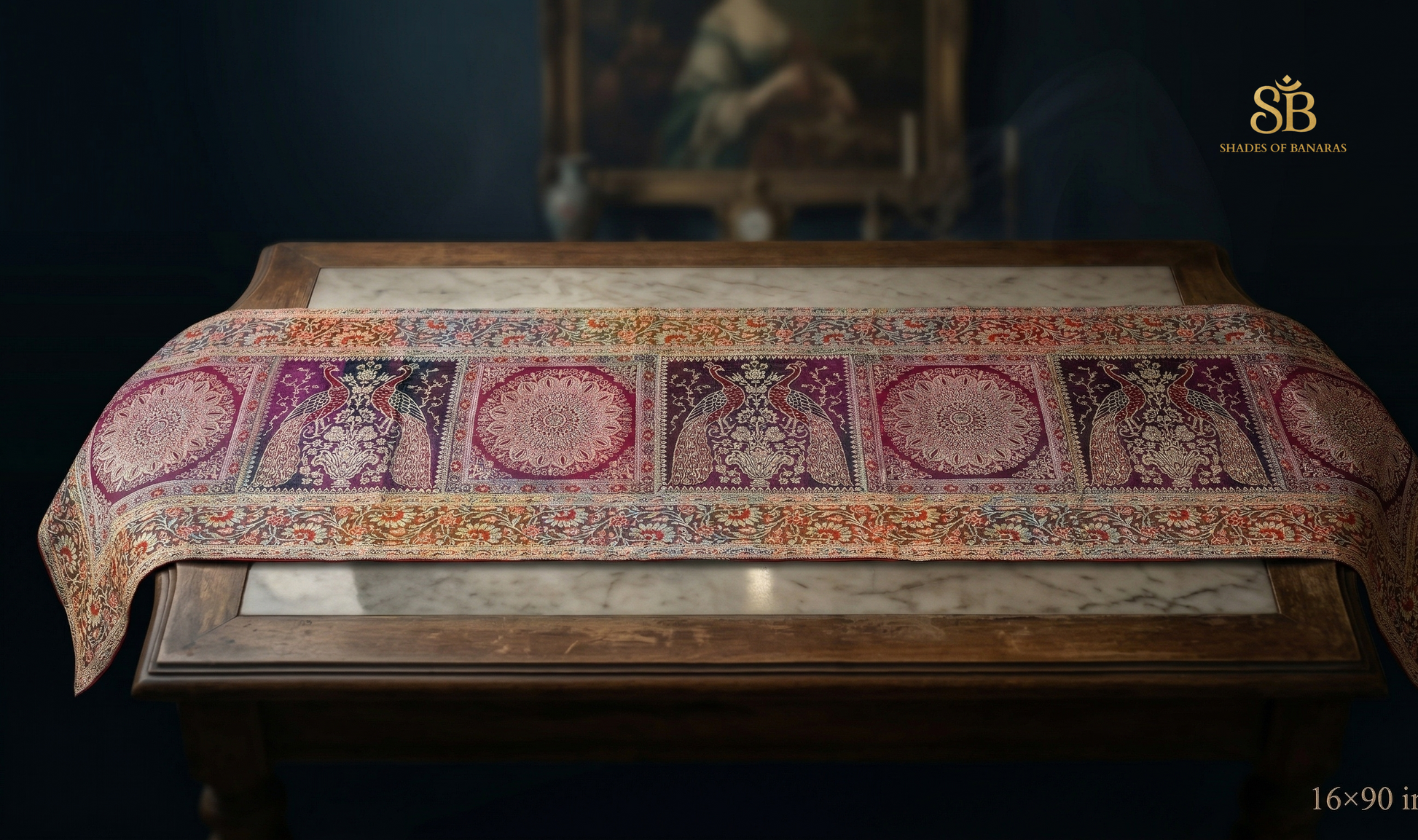 Grandeur of the Ganges: Hand-Woven Silk Luxe Table Runner by Shades Of Banaras - banarasi - banarasi saree shop - banarasi saree manufacturers - banarasi saree wholesale - banaraasi sarees - banarasi sari - banarasi saris - silk saree - silk sari - wedding saree - wedding sari - designer sari - wedding collection - gifting