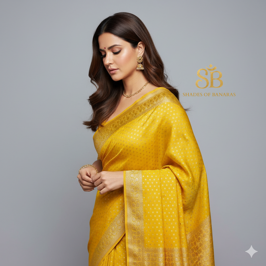 Festive Yellow Pure Cotton Silk Banarasi Saree by Shades Of Banaras - banarasi - banarasi saree shop - banarasi saree manufacturers - banarasi saree wholesale - banaraasi sarees