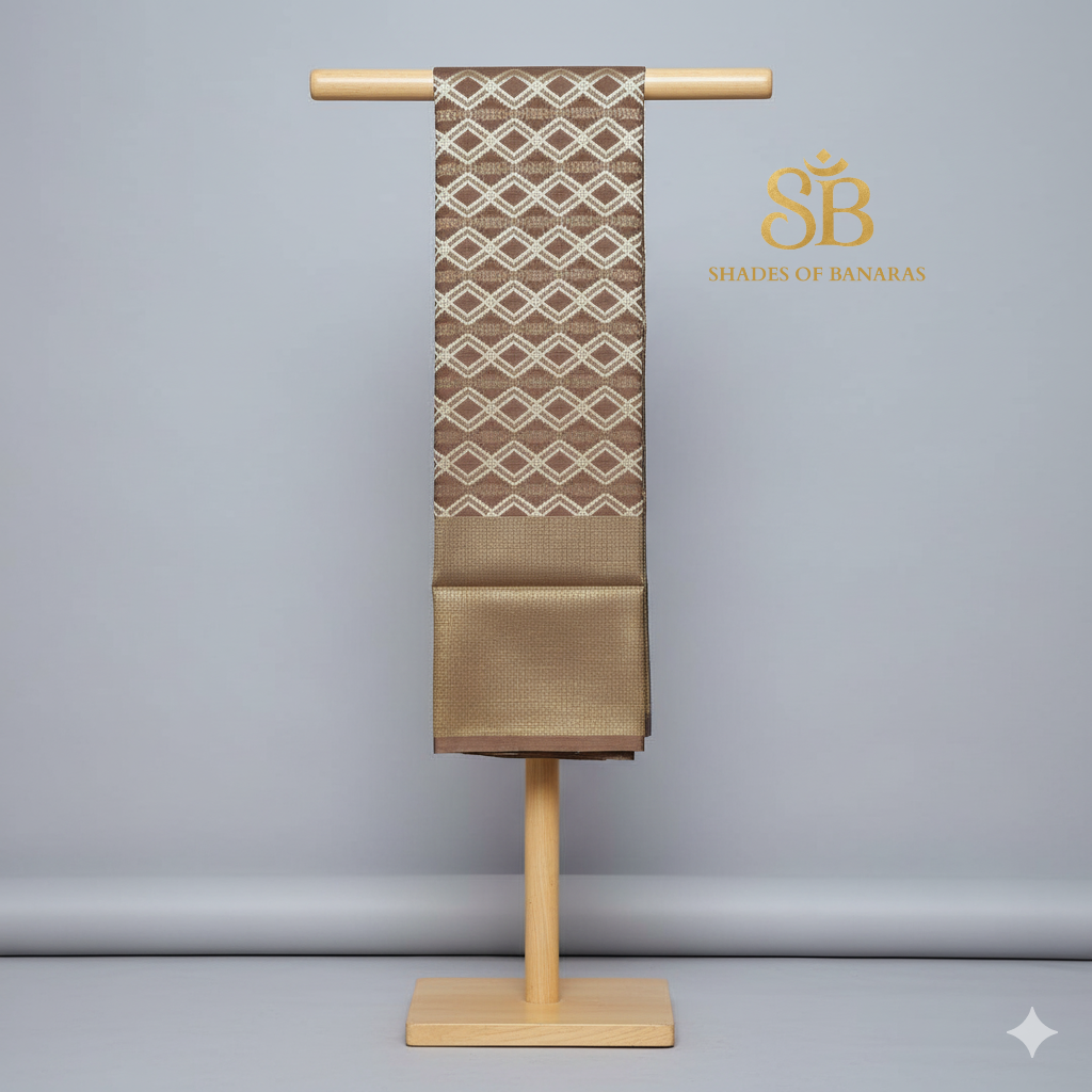 Amber Mist — Light Brown Pure Cotton Kota Check Banarasi Saree with Brocade Blouse by Shades Of Banaras - banarasi - banarasi saree shop - banarasi saree manufacturers - banarasi saree wholesale - banaraasi sarees