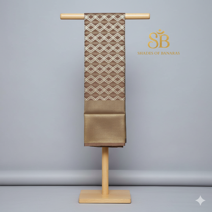 Amber Mist — Light Brown Pure Cotton Kota Check Banarasi Saree with Brocade Blouse by Shades Of Banaras - banarasi - banarasi saree shop - banarasi saree manufacturers - banarasi saree wholesale - banaraasi sarees