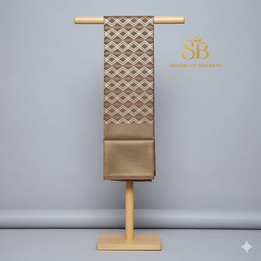 Amber Mist — Light Brown Pure Cotton Kota Check Banarasi Saree with Brocade Blouse by Shades Of Banaras - banarasi - banarasi saree shop - banarasi saree manufacturers - banarasi saree wholesale - banaraasi sarees