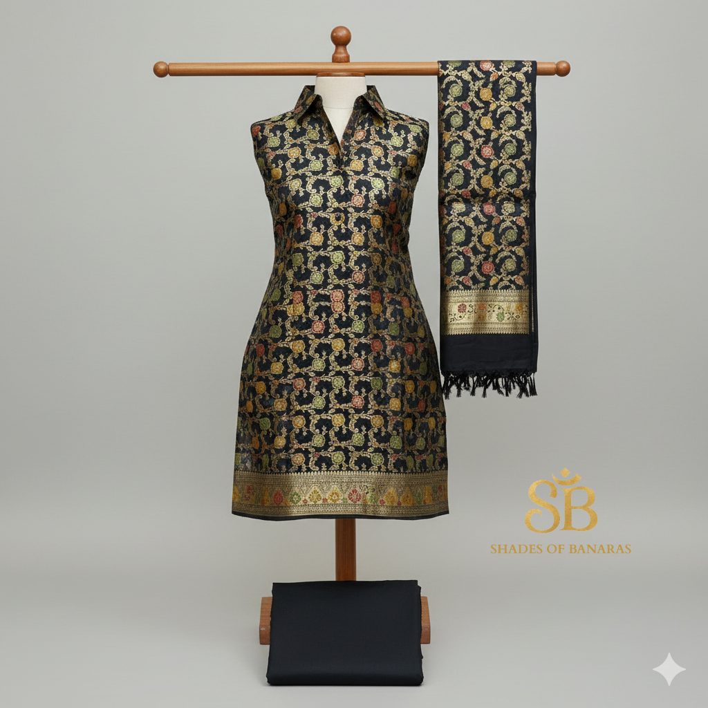 Noir Minakari Banarasi Katan Soft Silk 3 Piece Handloom Suit Set by Shades Of Banaras - banarasi - banarasi saree shop - banarasi saree manufacturers - banarasi saree wholesale - banaraasi sarees