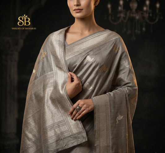Silver Grey Pure Silk Handloom Kadhua Shikaargaah Couture Banarasi Saree by Shades Of Banaras - banarasi - banarasi saree shop - banarasi saree manufacturers - banarasi saree wholesale - banaraasi sarees - banarasi sari - banarasi saris