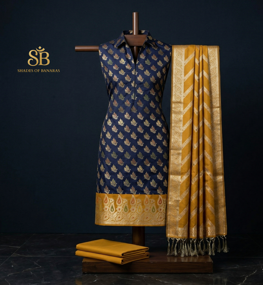 The Azure & Amber Legacy: Grand Blue and Yellow Banarasi Katan Soft Silk Suit Set by Shades Of Banaras - banarasi - banarasi saree shop - banarasi saree manufacturers - banarasi saree wholesale - banaraasi sarees - banarasi sari - banarasi saris - silk saree - silk sari - wedding saree - wedding sari - designer sari - wedding collection - gifting