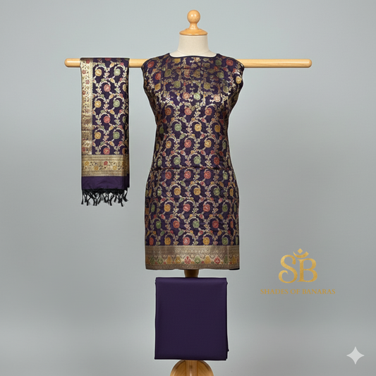 The Brinjal Purple Banarasi Katan Soft Silk Suit Set by Shades Of Banaras - banarasi - banarasi saree shop - banarasi saree manufacturers - banarasi saree wholesale - banaraasi sarees
