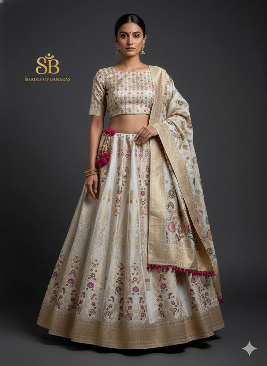 Ethereal Pearl Luxe Couture — White Banarasi Silk Lehenga by Shades Of Banaras - banarasi - banarasi saree shop - banarasi saree manufacturers - banarasi saree wholesale - banaraasi sarees
