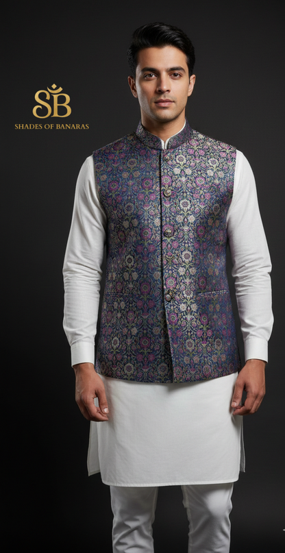 Imperial Royal Blue Floral Couture Tanchui Brocade — Pure Silk Banaras Dress Material (By Meter) by Shades Of Banaras - banarasi - banarasi saree shop - banarasi saree manufacturers - banarasi saree wholesale - banaraasi sarees - banarasi sari - banarasi saris