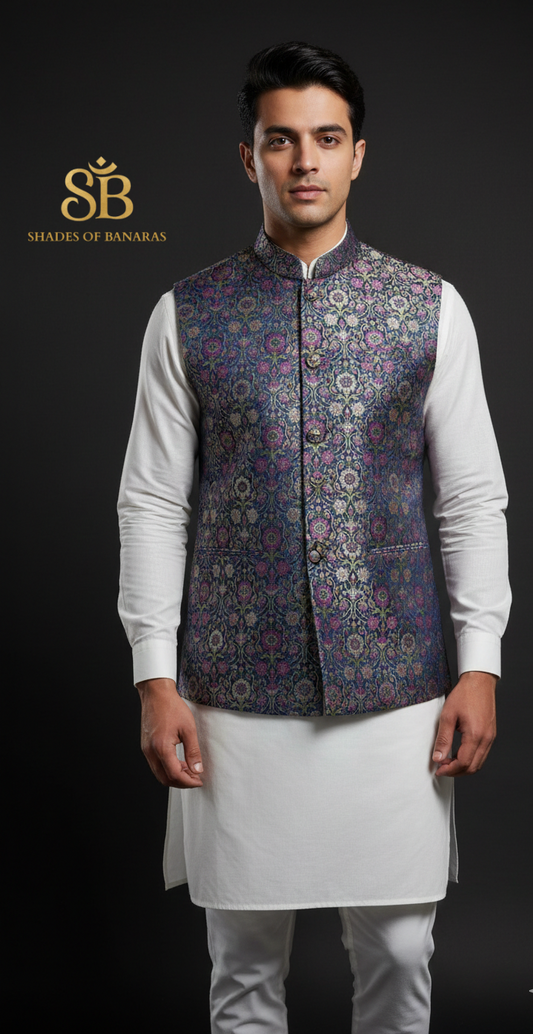 Imperial Royal Blue Floral Couture Tanchui Brocade — Pure Silk Banaras Dress Material (By Meter)