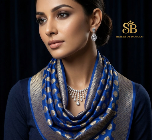 Couture Royal Blue Handwoven Katan Soft Silk Banarasi Dupatta
