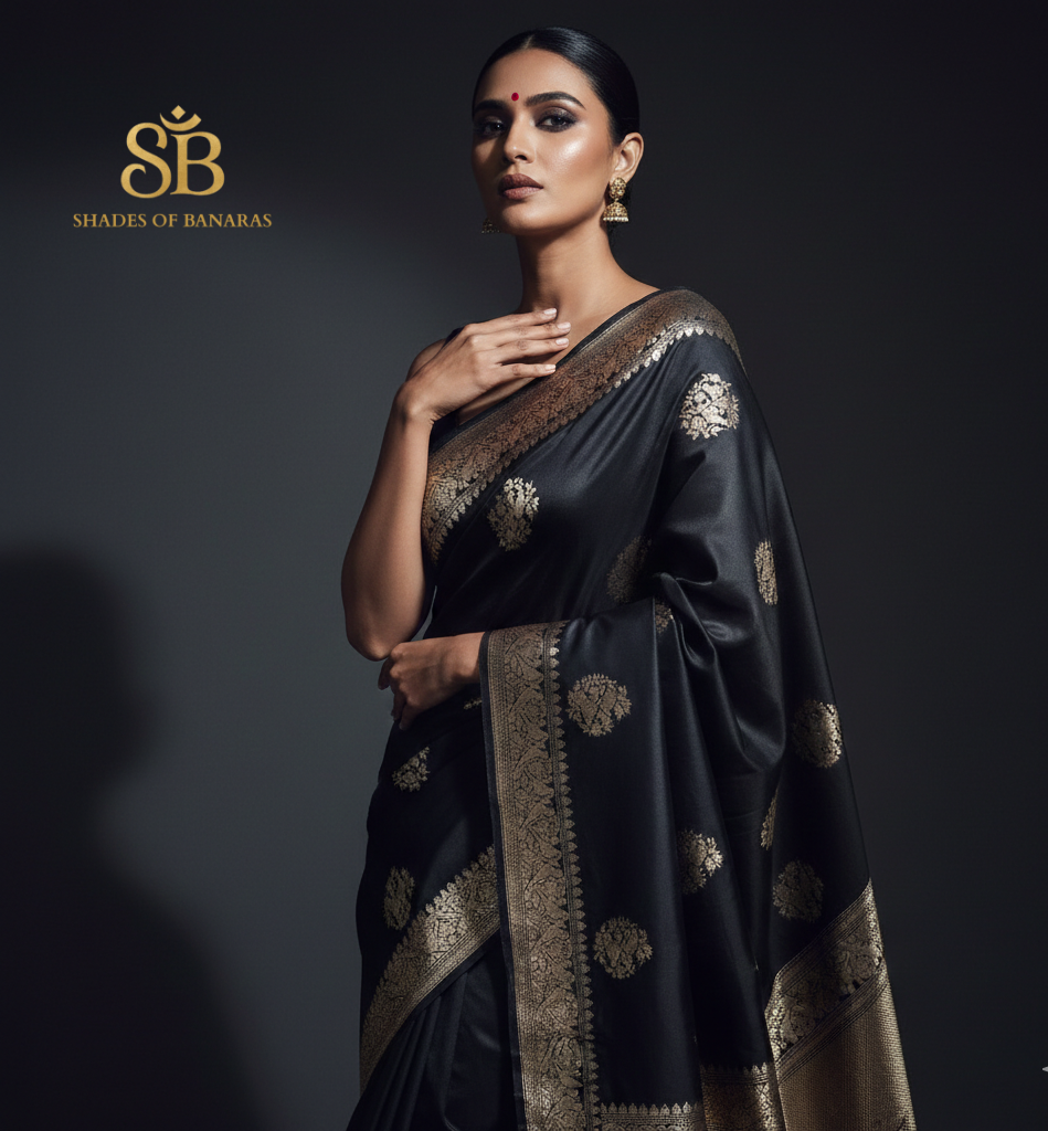 Midnight Noir Shikargaah Luxe Couture – Kadhua Pure Silk Banarasi Saree by Shades Of Banaras - banarasi - banarasi saree shop - banarasi saree manufacturers - banarasi saree wholesale - banaraasi sarees - banarasi sari - banarasi saris