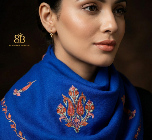 Royal Azure: The Couture Hand-Embroidered Pure Pashmina Scarf