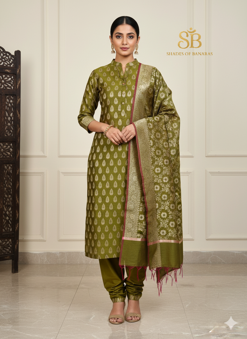 Elegant Mehendi Green Pure Cotton Handloom Banarasi Suit Set by Shades Of Banaras - banarasi - banarasi saree shop - banarasi saree manufacturers - banarasi saree wholesale - banaraasi sarees