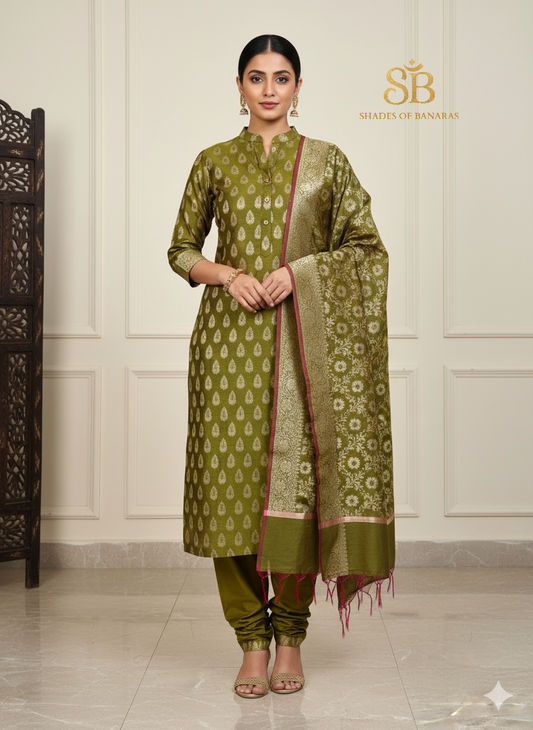 Elegant Mehendi Green Pure Cotton Handloom Banarasi Suit Set by Shades Of Banaras - banarasi - banarasi saree shop - banarasi saree manufacturers - banarasi saree wholesale - banaraasi sarees