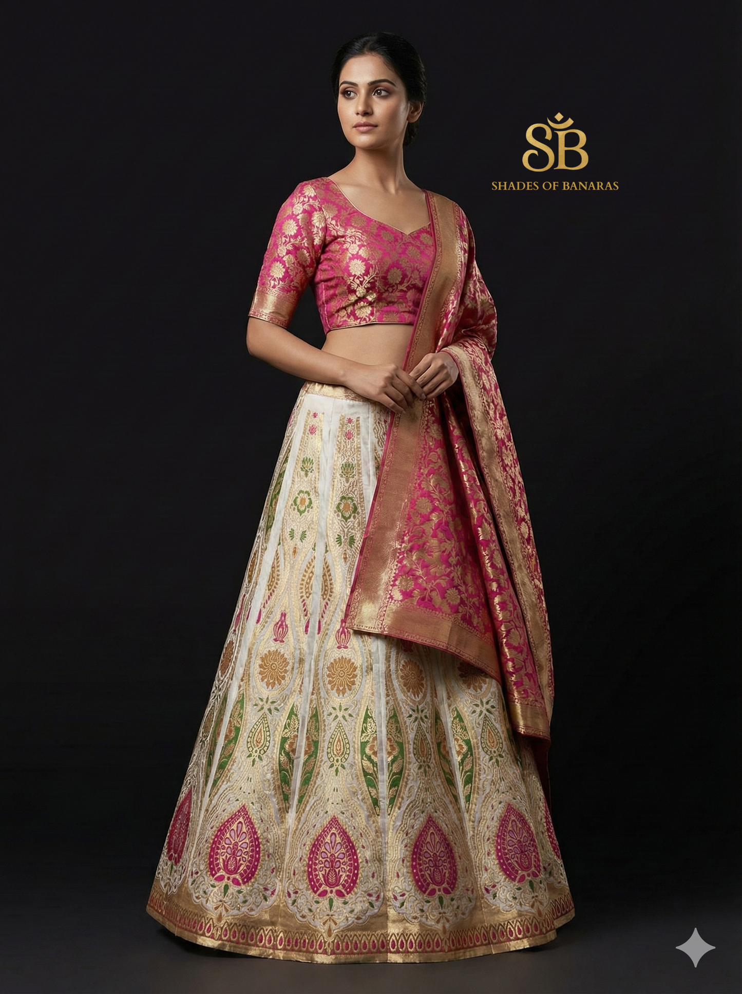 Blush Ivory Luxe Couture — White & Pink Banarasi Silk Lehenga by Shades Of Banaras - banarasi - banarasi saree shop - banarasi saree manufacturers - banarasi saree wholesale - banaraasi sarees