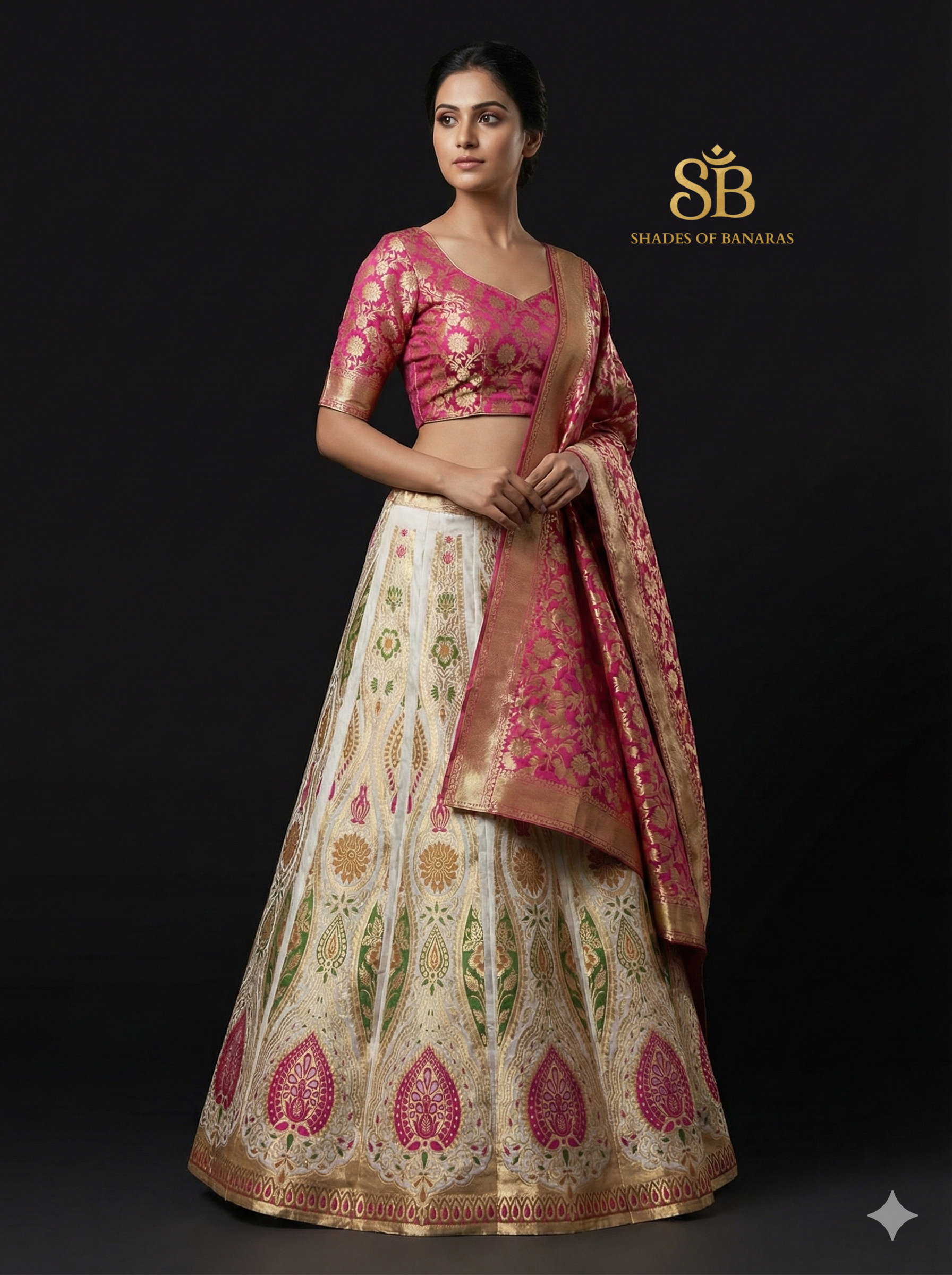 Blush Ivory Luxe Couture — White & Pink Banarasi Silk Lehenga by Shades Of Banaras - banarasi - banarasi saree shop - banarasi saree manufacturers - banarasi saree wholesale - banaraasi sarees
