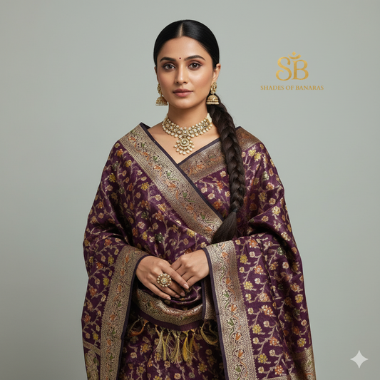 Wine Minakari Katan Soft Silk Banarasi Dupatta by Shades Of Banaras - banarasi - banarasi saree shop - banarasi saree manufacturers - banarasi saree wholesale - banaraasi sarees