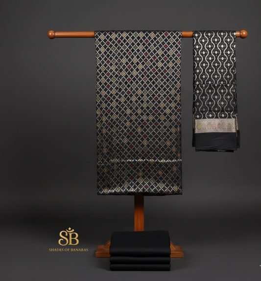 Ebony Elegance: Pure Banarasi Cotton Silk Minakari Handloom Suit Set
