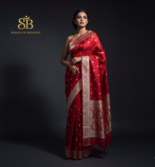 Royal Red Buti Luxe Couture – Pure Silk Banarasi Saree by Shades Of Banaras - banarasi - banarasi saree shop - banarasi saree manufacturers - banarasi saree wholesale - banaraasi sarees - banarasi sari - banarasi saris