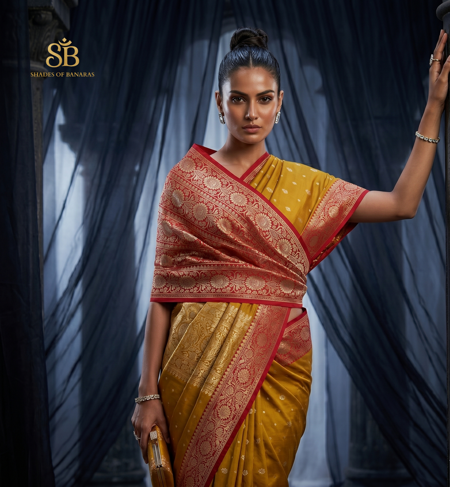 Golden Amber & Crimson Luxe: Handwoven Silk Banarasi Saree