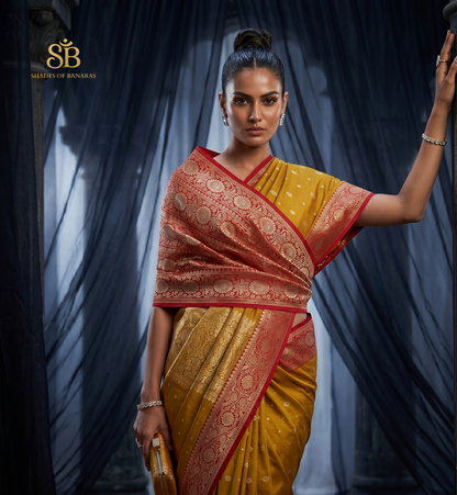 Golden Amber & Crimson Luxe: Handwoven Silk Banarasi Saree