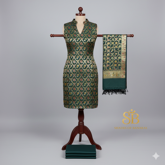 Bottle Green Minakari Banarasi Katan Soft Silk 3 Piece Handloom Suit Set by Shades Of Banaras - banarasi - banarasi saree shop - banarasi saree manufacturers - banarasi saree wholesale - banaraasi sarees
