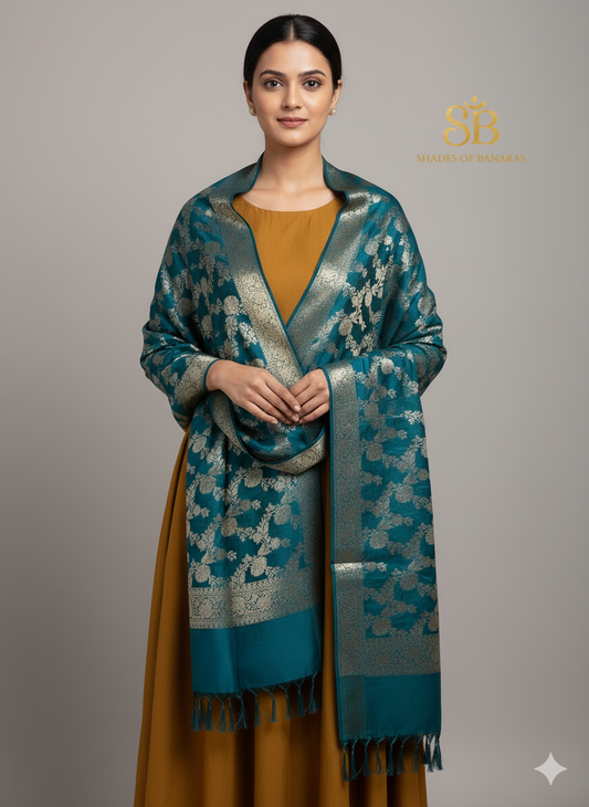 Teal Blue Banarasi Dupatta: Pure Cotton Silk by Shades Of Banaras - banarasi - banarasi saree shop - banarasi saree manufacturers - banarasi saree wholesale - banaraasi sarees