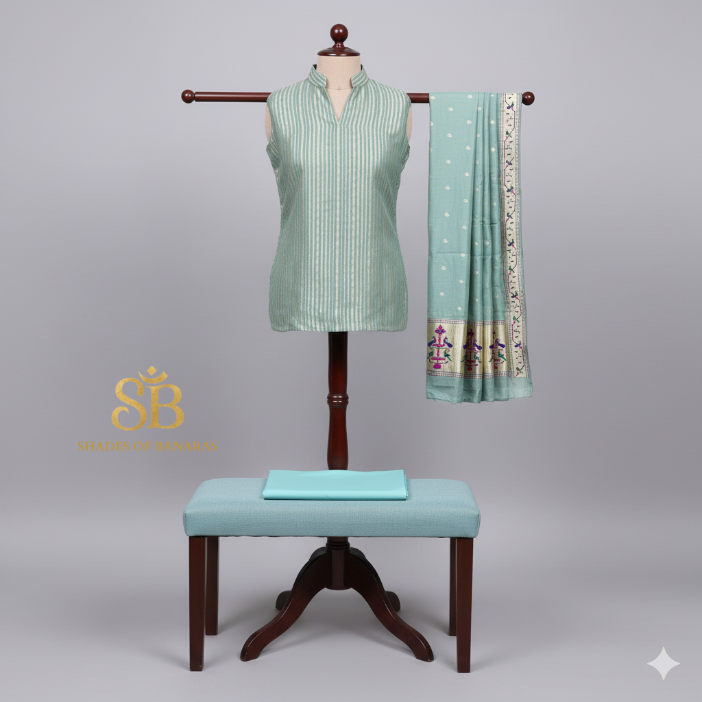Pastel Blue Pure Banarasi Moonga Silk Handloom Striped 3-Piece Suit Set by Shades Of Banaras - banarasi - banarasi saree shop - banarasi saree manufacturers - banarasi saree wholesale - banaraasi sarees