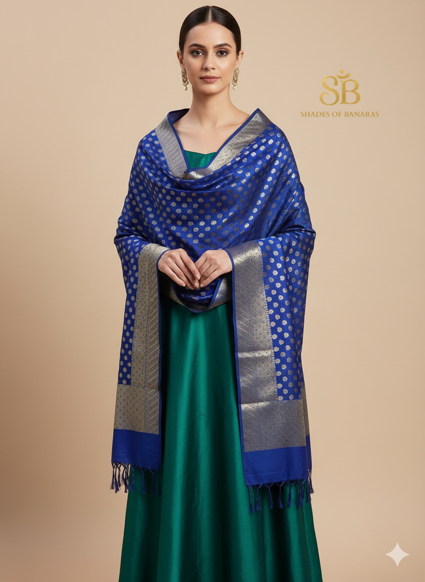 Midnight Blue Banarasi Dupatta: Pure Cotton Silk by Shades Of Banaras - banarasi - banarasi saree shop - banarasi saree manufacturers - banarasi saree wholesale - banaraasi sarees