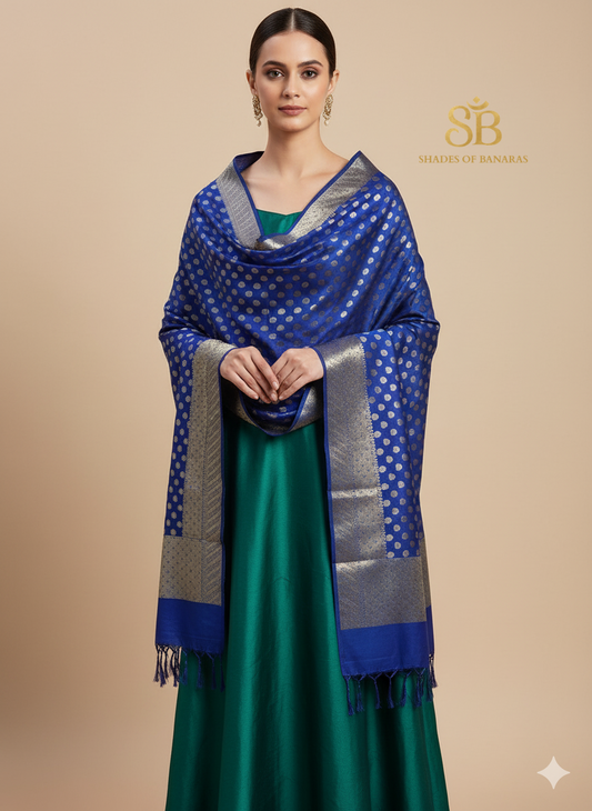 Midnight Blue Banarasi Dupatta: Pure Cotton Silk by Shades Of Banaras - banarasi - banarasi saree shop - banarasi saree manufacturers - banarasi saree wholesale - banaraasi sarees
