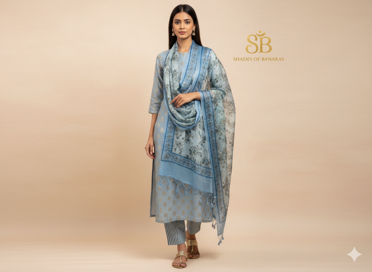 The Banarasi Sky: Light Blue Chanderi & Digital Organza Suit by Shades Of Banaras - banarasi - banarasi saree shop - banarasi saree manufacturers - banarasi saree wholesale - banaraasi sarees