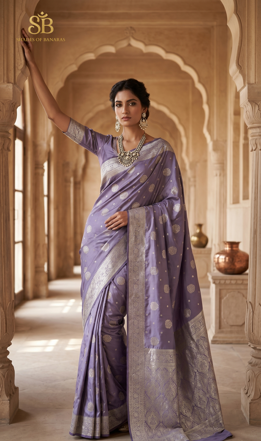 Lavender Luxe Silk Banarasi Saree with Matt Gold Zari Butis | Handloom Summer Heirloom