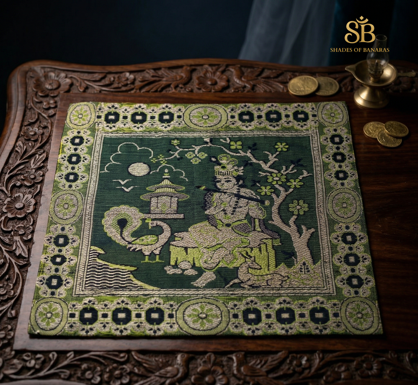 The Verdant Imperial Luxe: Pure Banarasi Dupion Silk Petit Table Mat by Shades Of Banaras - banarasi - banarasi saree shop - banarasi saree manufacturers - banarasi saree wholesale - banaraasi sarees - banarasi sari - banarasi saris - silk saree - silk sari - wedding saree - wedding sari - designer sari - wedding collection - gifting