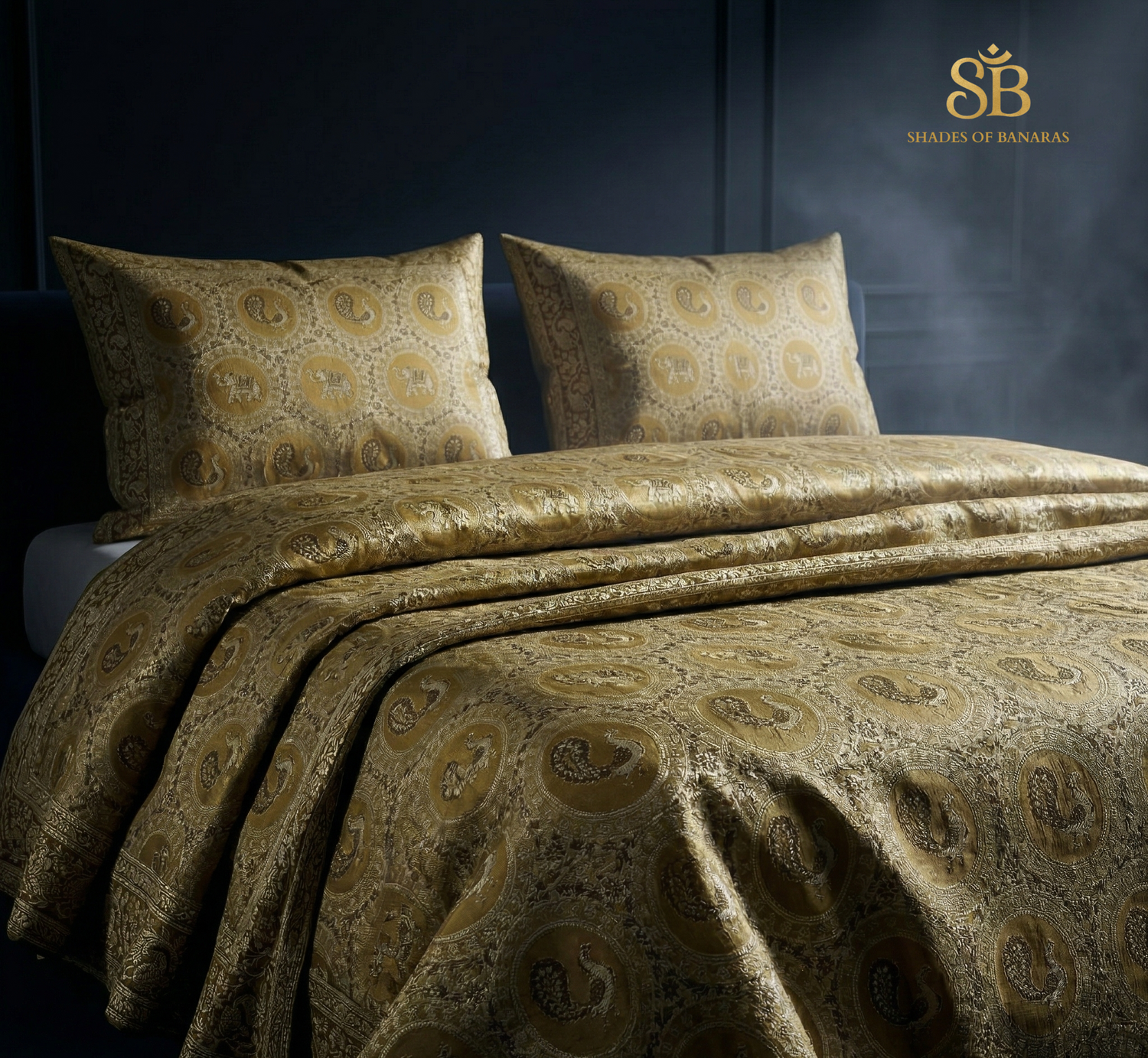 Golden Radiance: Beige Yellow Pure Dupion Silk Luxe Bedcover Set by Shades Of Banaras - banarasi - banarasi saree shop - banarasi saree manufacturers - banarasi saree wholesale - banaraasi sarees - banarasi sari - banarasi saris - silk saree - silk sari - wedding saree - wedding sari - designer sari - wedding collection - gifting