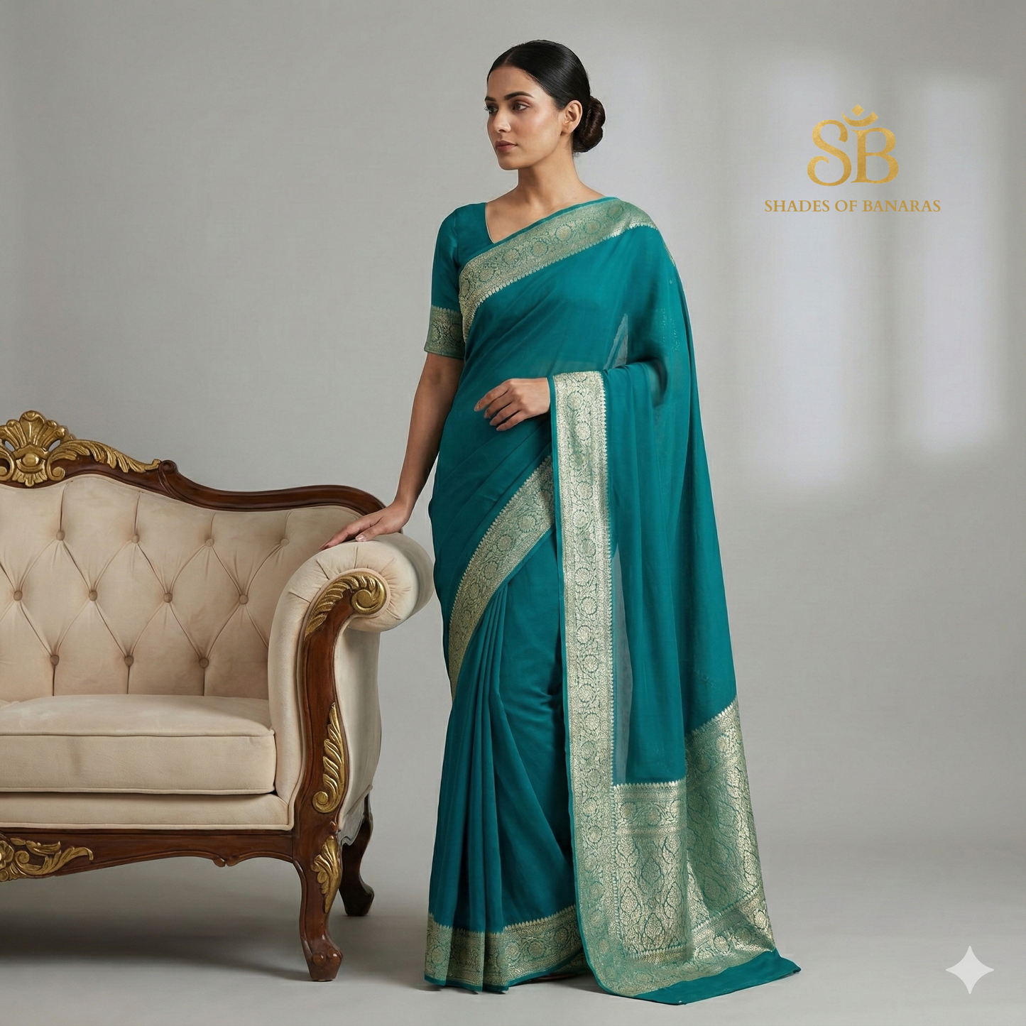Sea Green Pure Khaddi Georgette Banarasi Saree with Kadhua Border & Designer Blouse