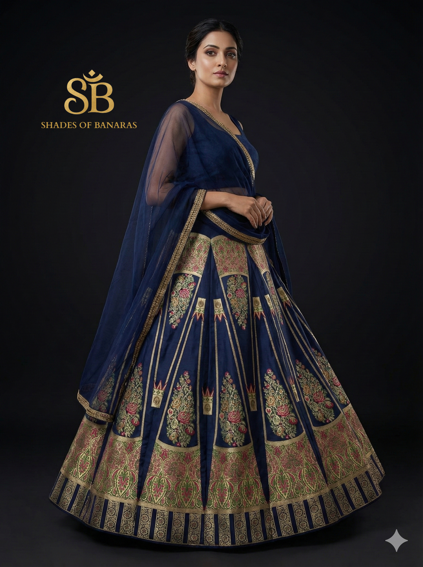 Midnight Majesty Luxe Couture — Navy Blue Banarasi Silk Lehenga by Shades Of Banaras - banarasi - banarasi saree shop - banarasi saree manufacturers - banarasi saree wholesale - banaraasi sarees
