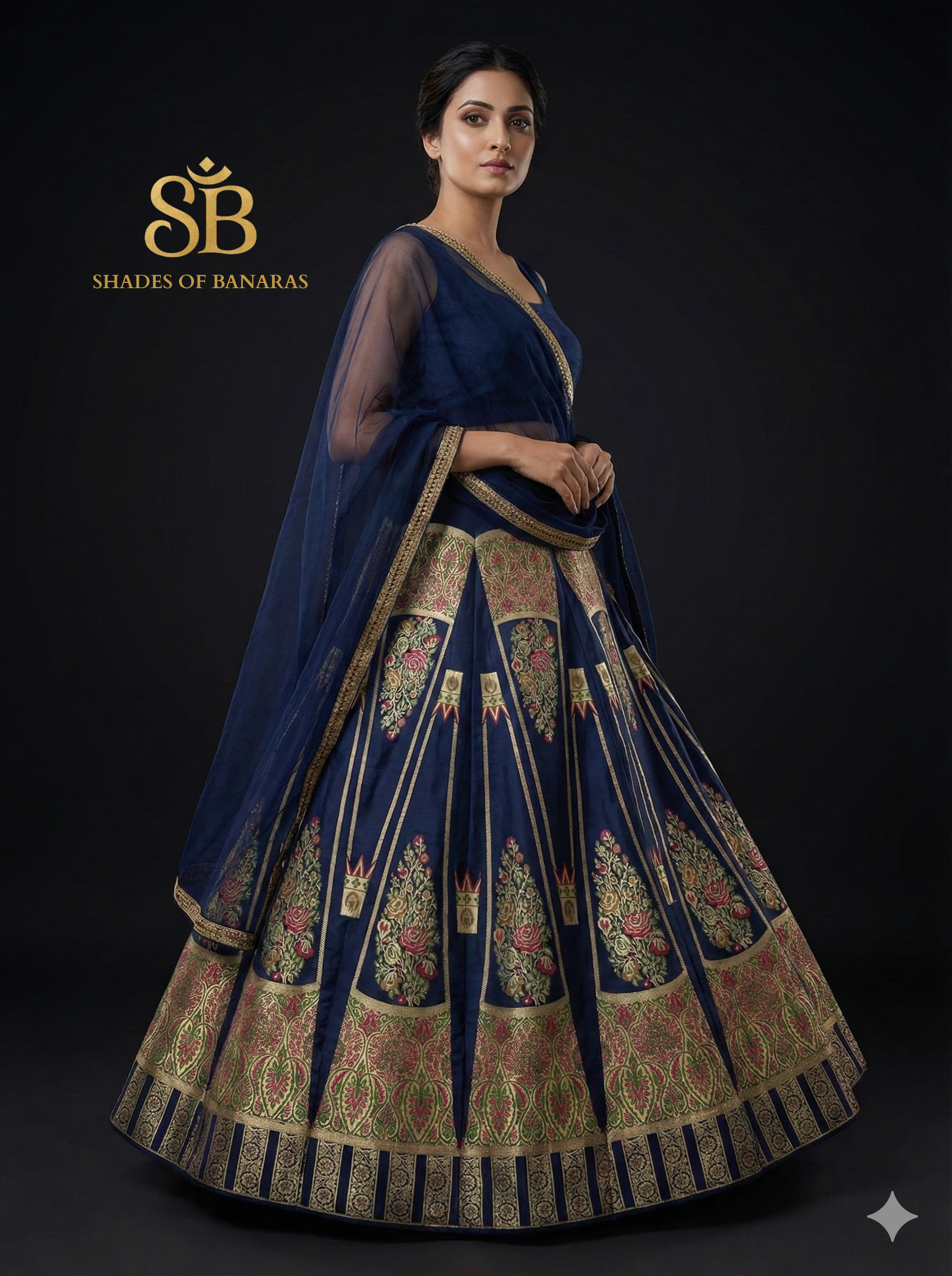 Midnight Majesty Luxe Couture — Navy Blue Banarasi Silk Lehenga by Shades Of Banaras - banarasi - banarasi saree shop - banarasi saree manufacturers - banarasi saree wholesale - banaraasi sarees