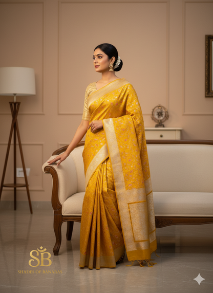 Regal Yellow Pure Satin Silk Saree with Shikargah Jaal by Shades Of Banaras - banarasi - banarasi saree shop - banarasi saree manufacturers - banarasi saree wholesale - banaraasi sarees