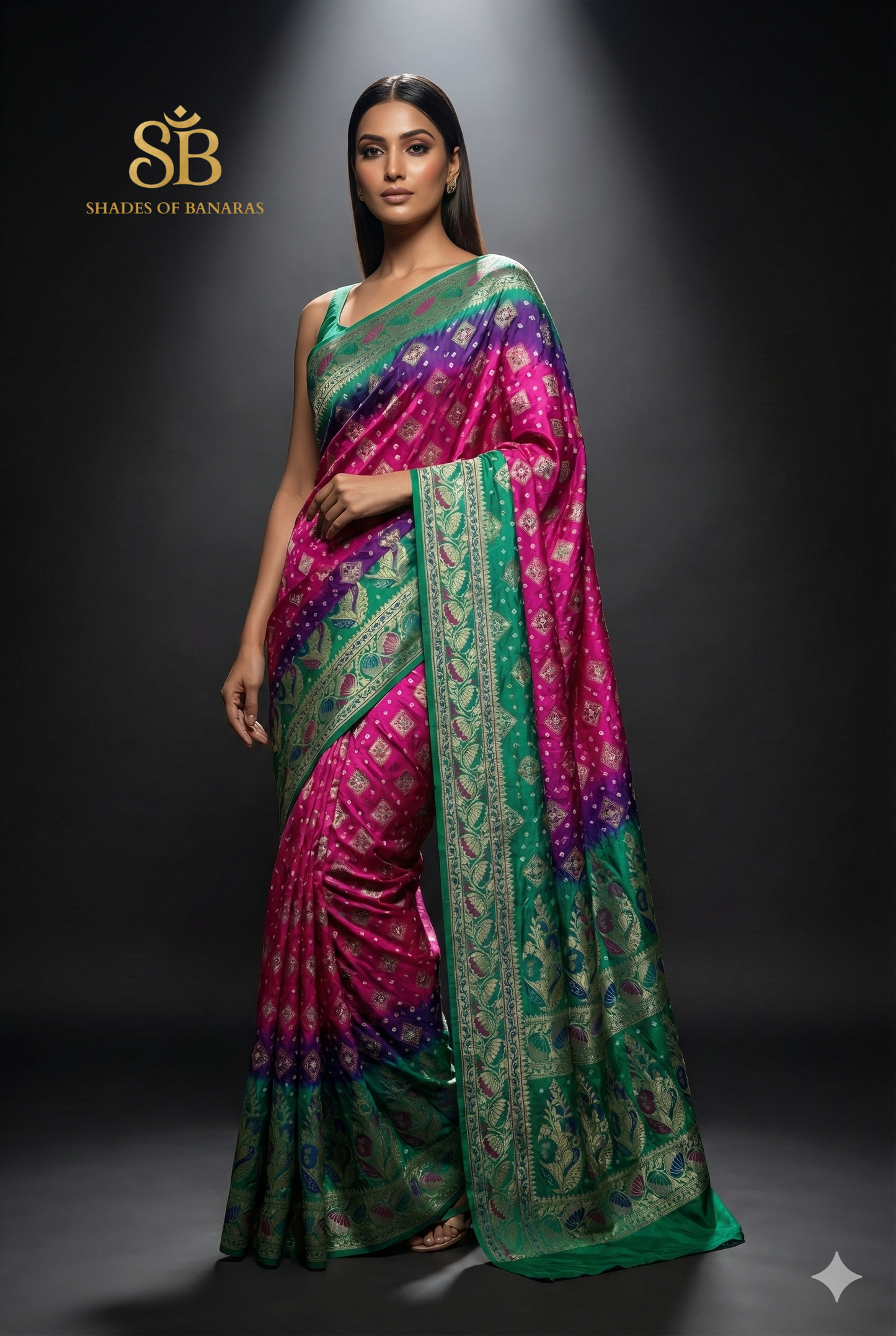 Pink & Green Pure Georgette Bandhani Banarasi Saree with Minakari Weaving