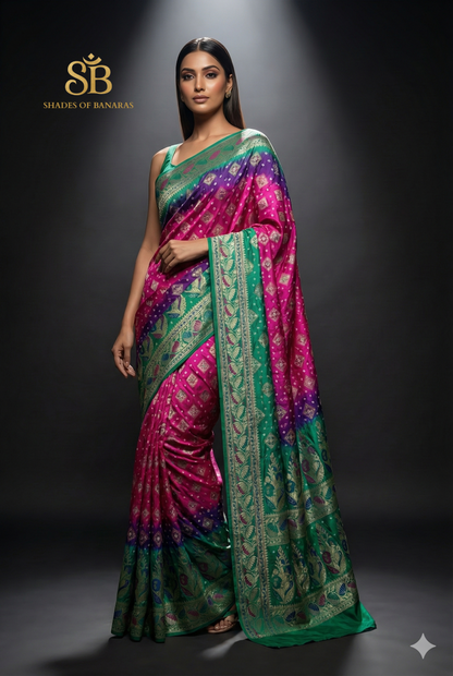 Pink & Green Pure Georgette Bandhani Banarasi Saree with Minakari Weaving