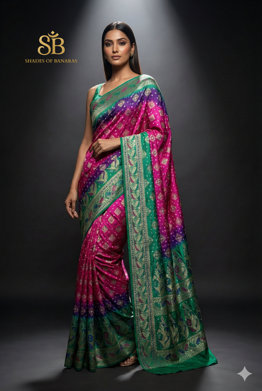 Pink & Green Pure Georgette Bandhani Banarasi Saree with Minakari Weaving