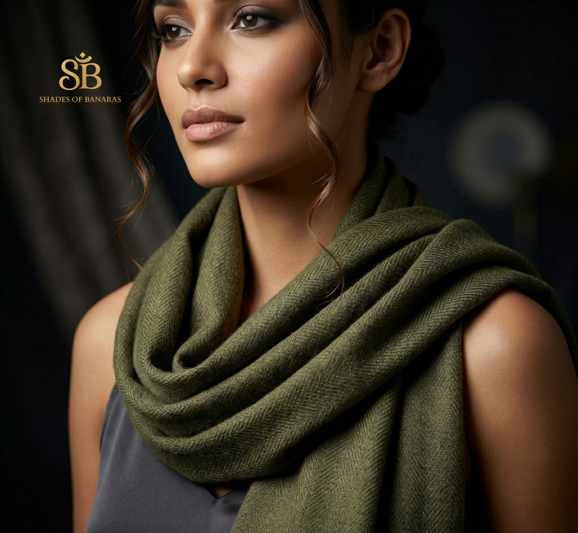 The Imperial Olive: Pure Handloom Pashmina Stole by Shades Of Banaras - banarasi - banarasi saree shop - banarasi saree manufacturers - banarasi saree wholesale - banaraasi sarees - banarasi sari - banarasi saris - silk saree - silk sari - wedding saree - wedding sari - designer sari - wedding collection - gifting