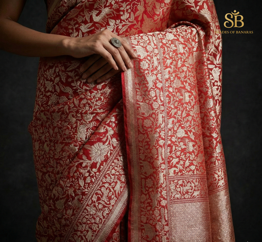 Luxe Heritage: The Crimson Shikaargaah Couture Pure Silk Banarasi Saree by Shades Of Banaras - banarasi - banarasi saree shop - banarasi saree manufacturers - banarasi saree wholesale - banaraasi sarees - banarasi sari - banarasi saris