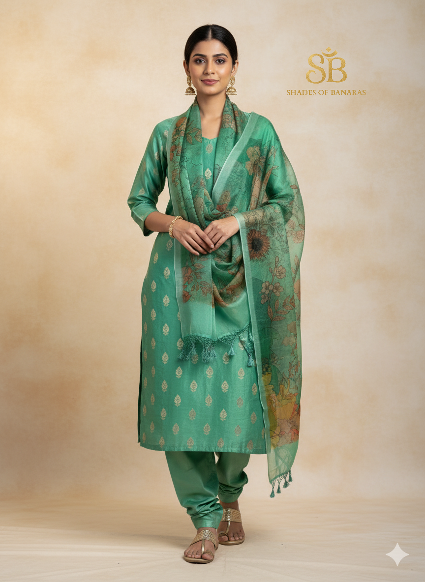 The Banarasi Garden: Green Chanderi & Digital Organza Suit by Shades Of Banaras - banarasi - banarasi saree shop - banarasi saree manufacturers - banarasi saree wholesale - banaraasi sarees