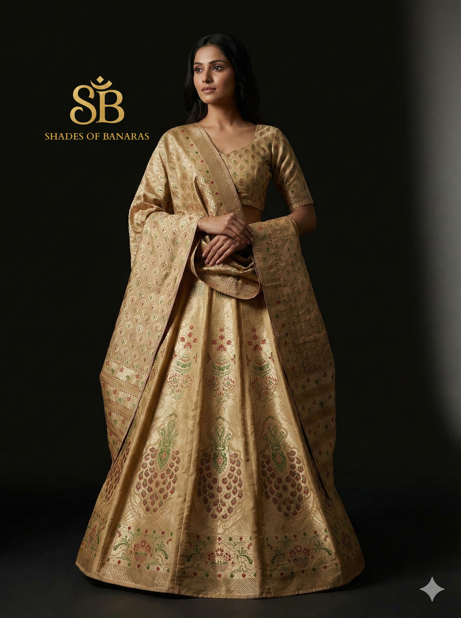 Sandstone Grace Luxe Couture — Beige Banarasi Silk Lehenga by Shades Of Banaras - banarasi - banarasi saree shop - banarasi saree manufacturers - banarasi saree wholesale - banaraasi sarees